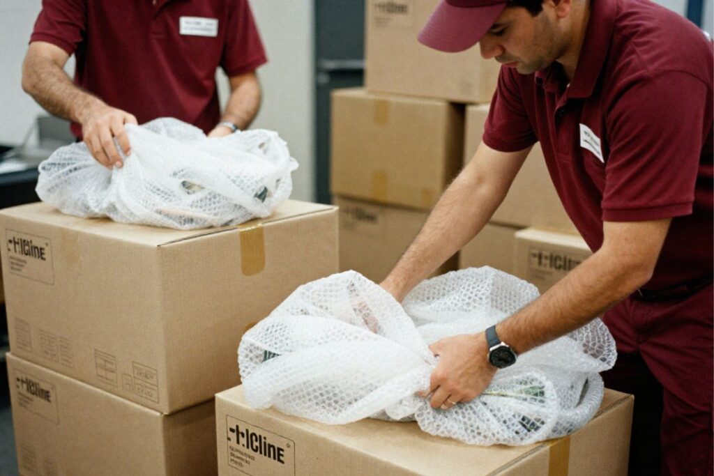 Packers and movers in Bellary packing sofa, TV, and fragile items with bubble wrap while an Indian family watches in a clean apartment