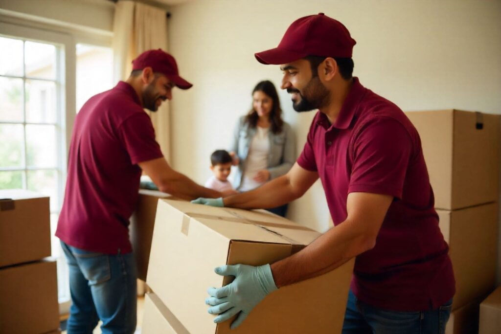 Professional packers and movers in Khammam wearing maroon uniforms packing household items in a clean apartment while the family relaxes