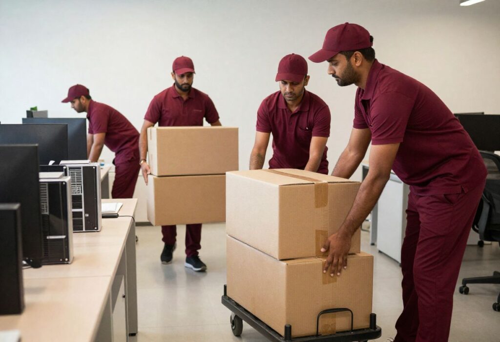 Packers and Movers in Bagalkot relocating a modern office, packing computers, files, and office chairs safely with a professional team in maroon uniforms
