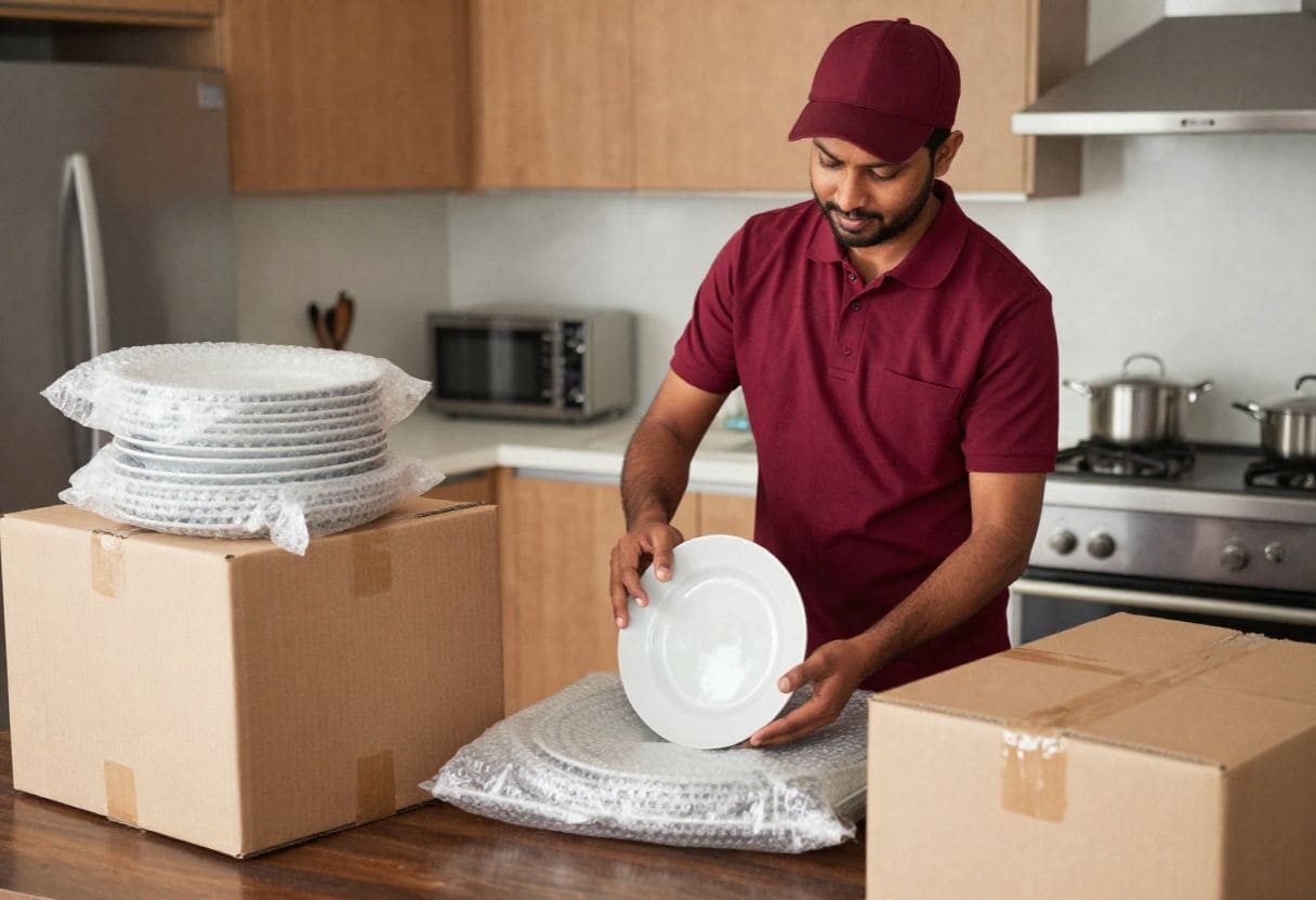 Packers and Movers in Raigarh carefully packing kitchen utensils, crockery, and fragile items with bubble wrap in an Indian home