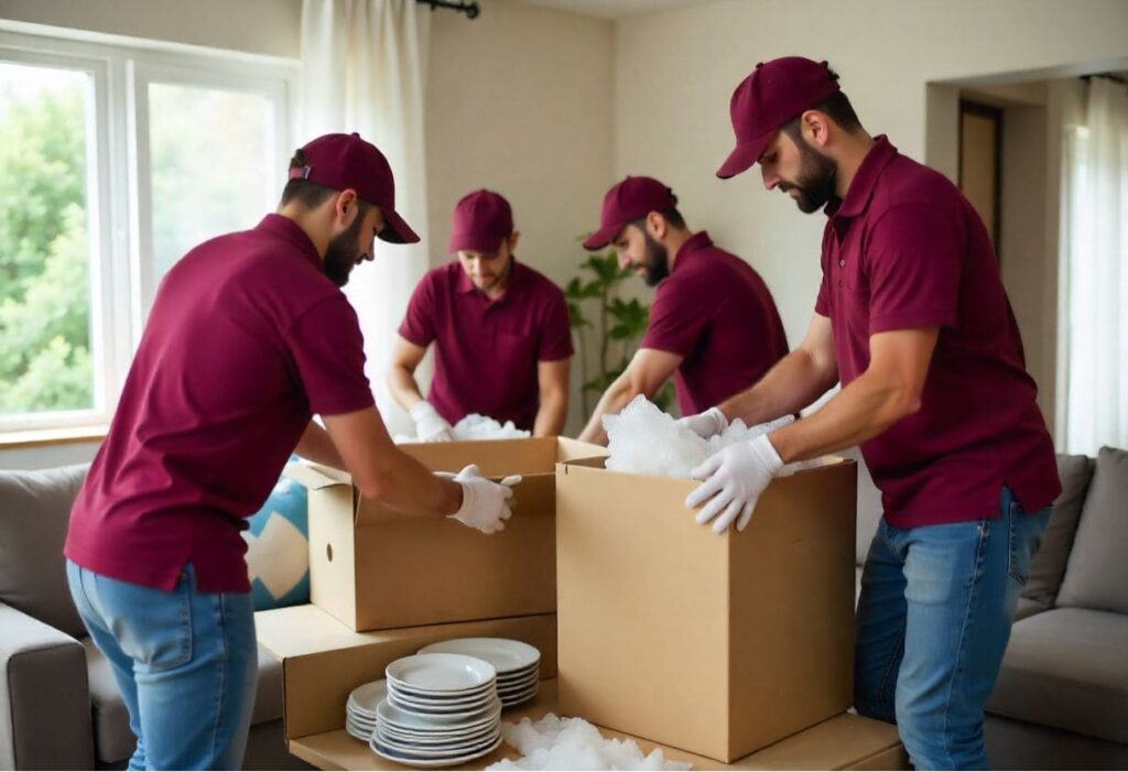 Packers Movers Dehradun team carefully packing furniture and fragile goods