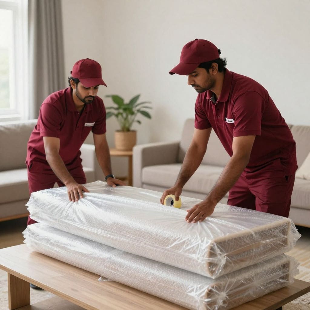 Experienced Packers and Movers in Deoghar wearing maroon uniforms carefully relocating household items