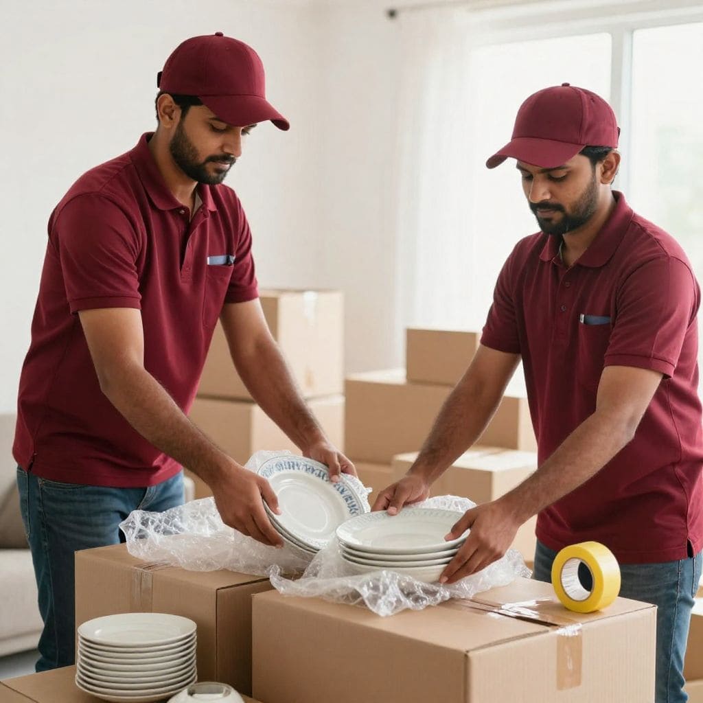 Indian packers and movers in maroon uniform carefully packing kitchen utensils using bubble wrap during household shifting in Ghaziabad