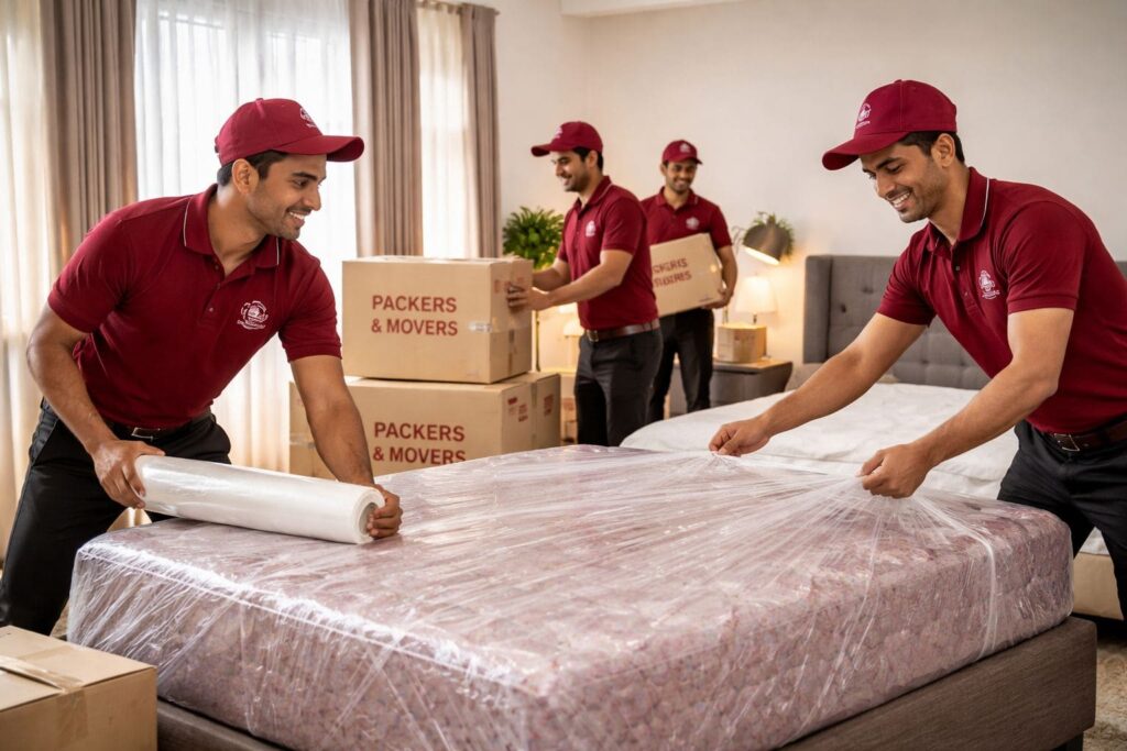 Packers and Movers in Indore in maroon uniforms carefully packing a bed and boxes in a well-organized bedroom.