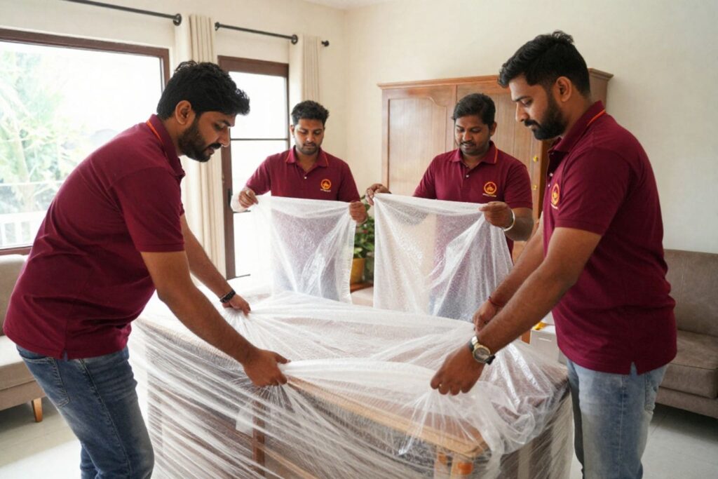 Indian packers and movers wearing maroon uniforms carefully packing household furniture with protective plastic wrap inside a residential home in Secunderabad