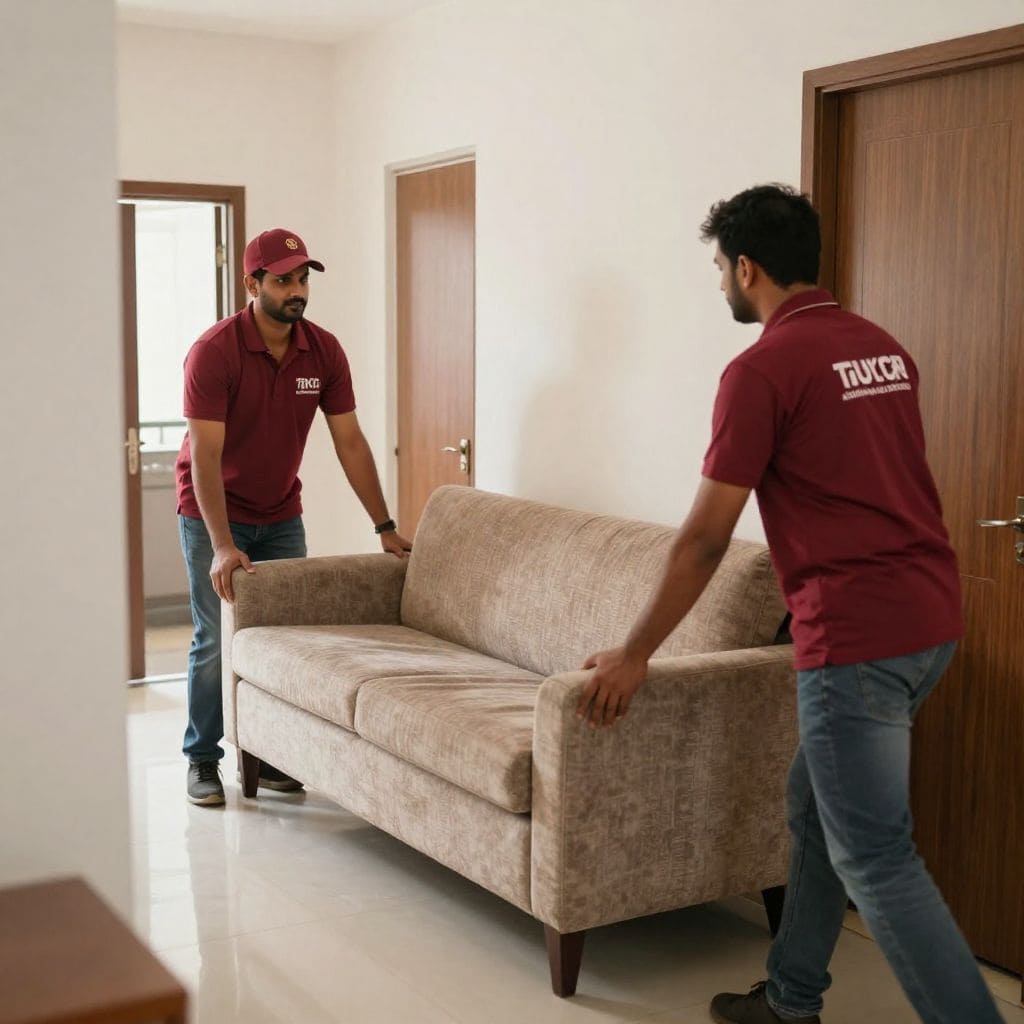 Two Indian packers and movers carefully carrying a sofa during a household relocation in Jabalpur
