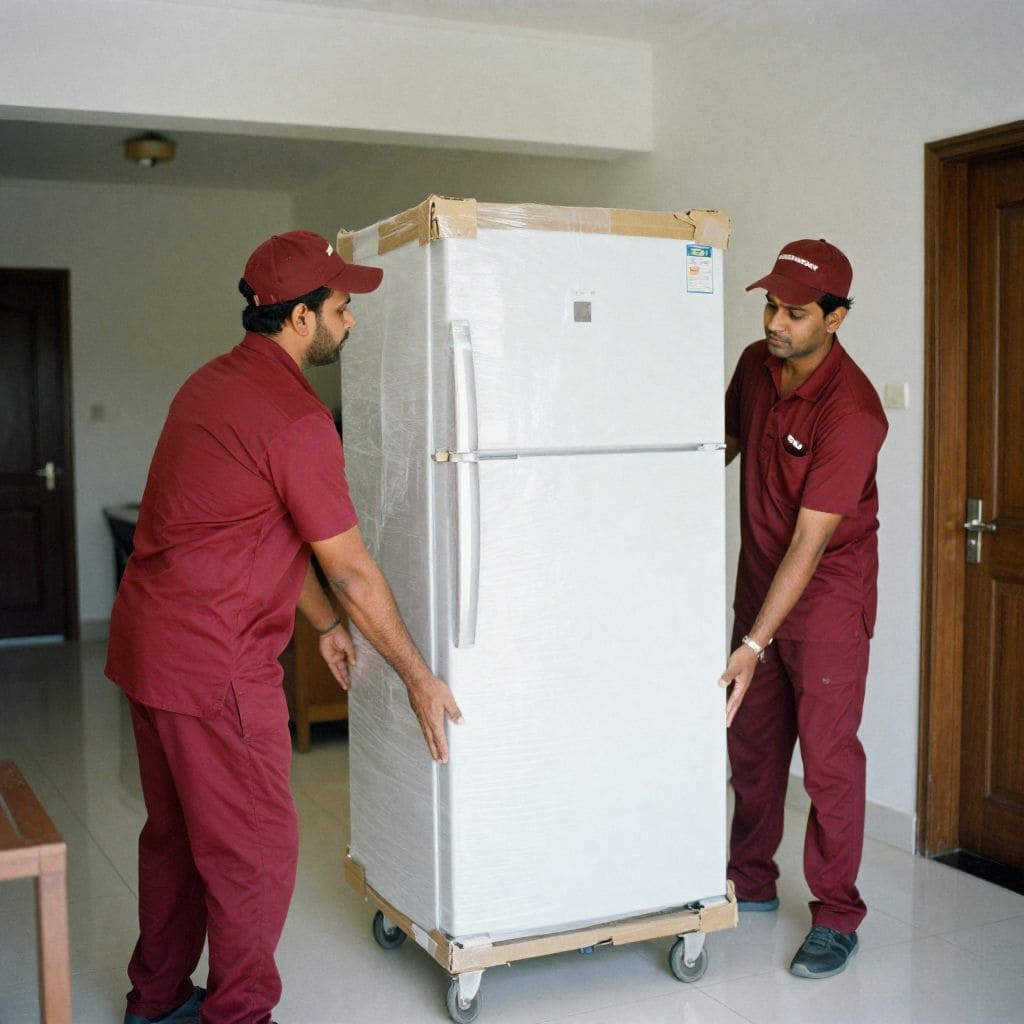 Packers and Movers In Bhubaneswar carefully packing a large fridge with bubble wrap in a home