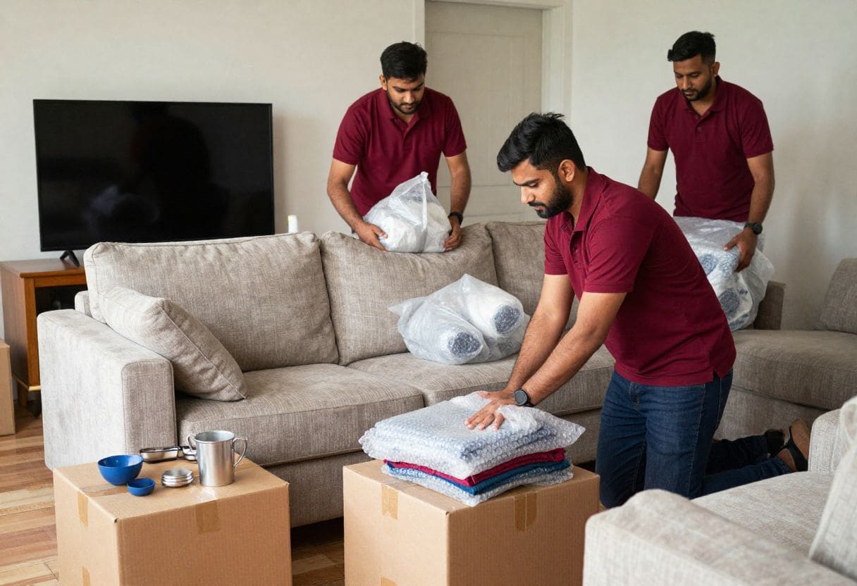 Professional packers and movers in Delhi Mukandpur carefully packing household items with bubble wrap for safe relocation