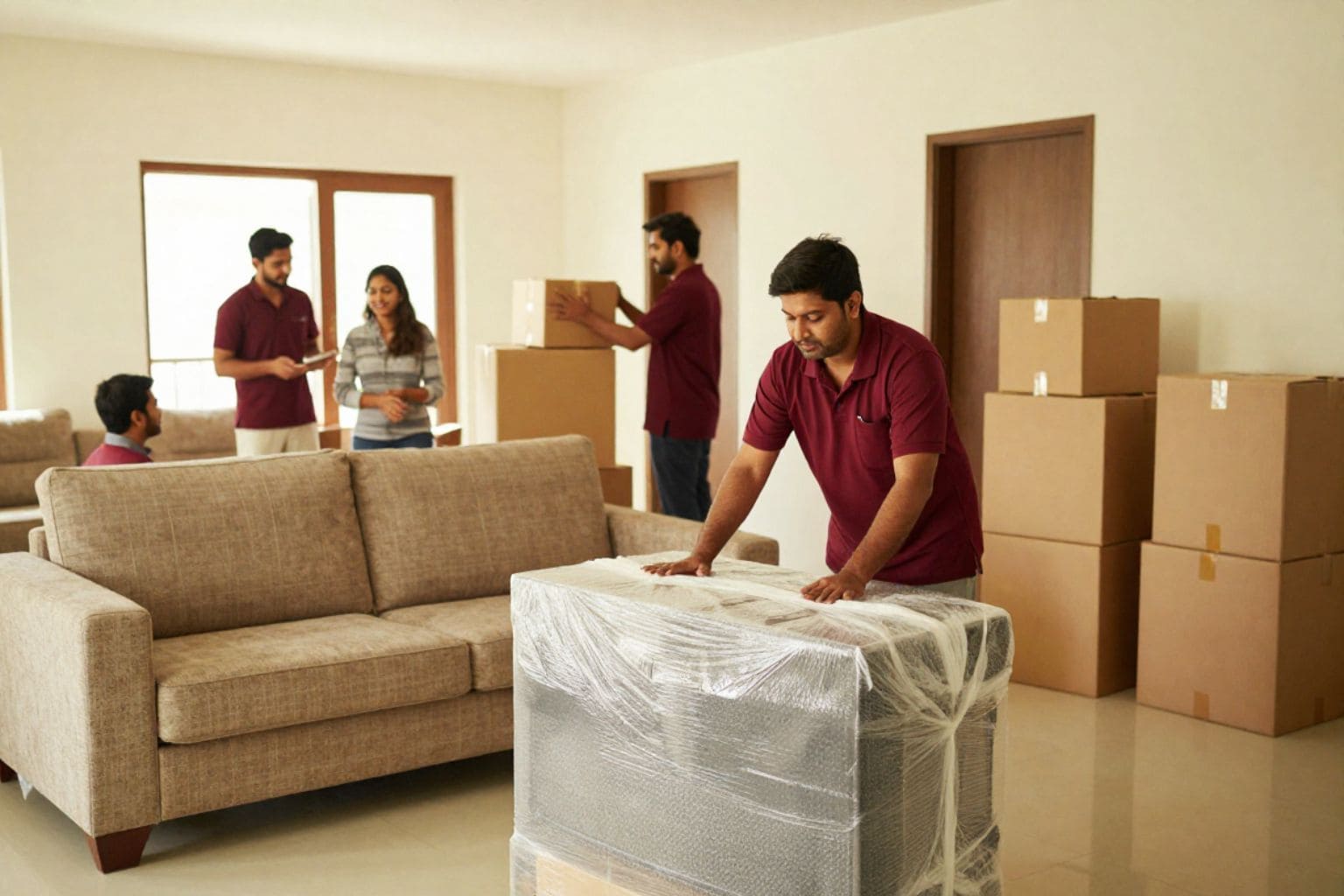 Professional Packers And Movers In Raipur carefully packing sofas and household items for a smooth residential move.