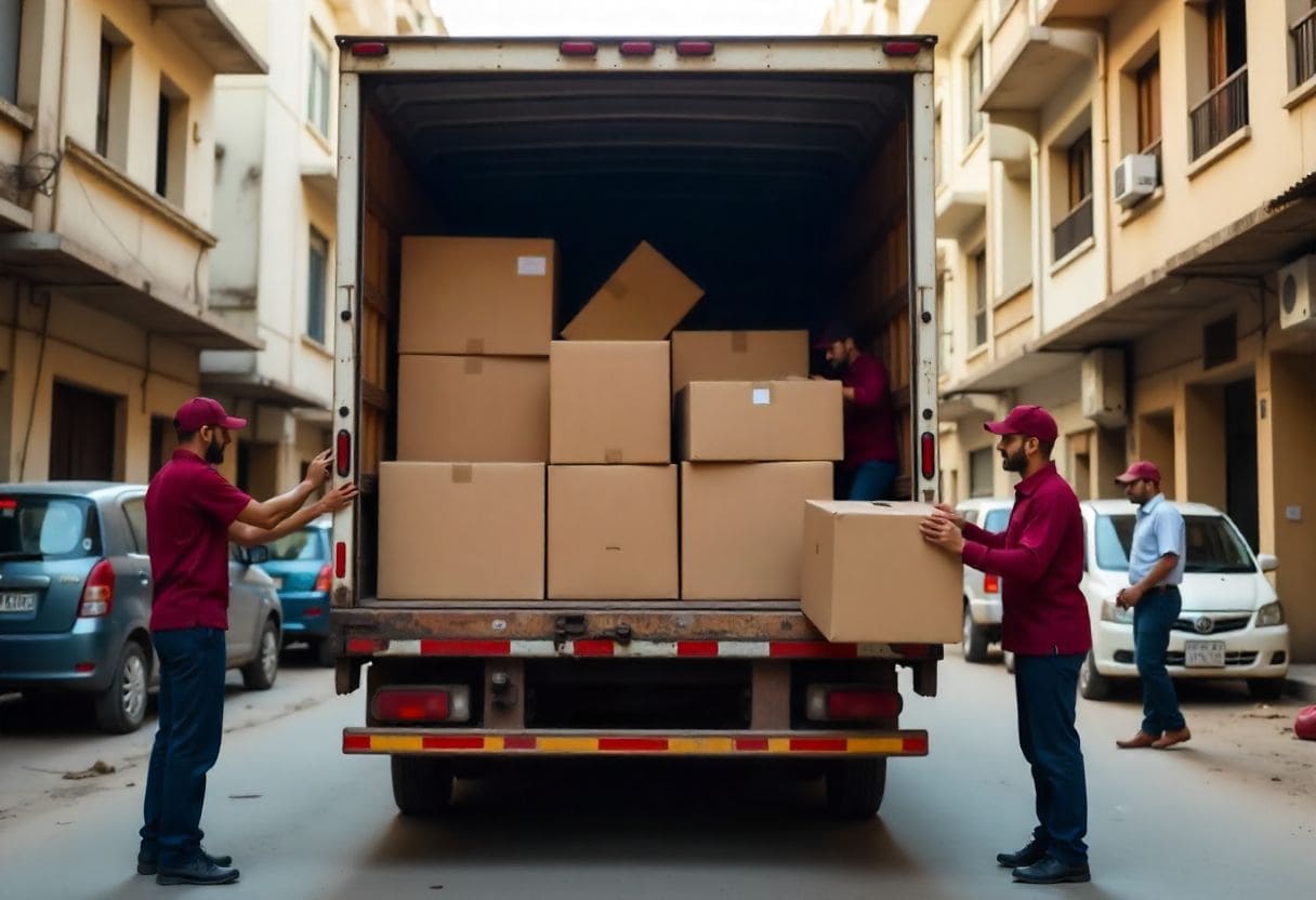Packers and movers in Agra carefully loading packed cardboard boxes into a moving truck for safe relocation