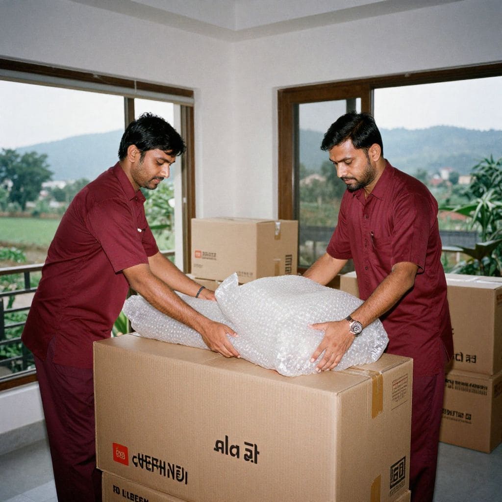 Professional packers carefully wrapping household items during home shifting service by Packers and Movers in Gandhidham