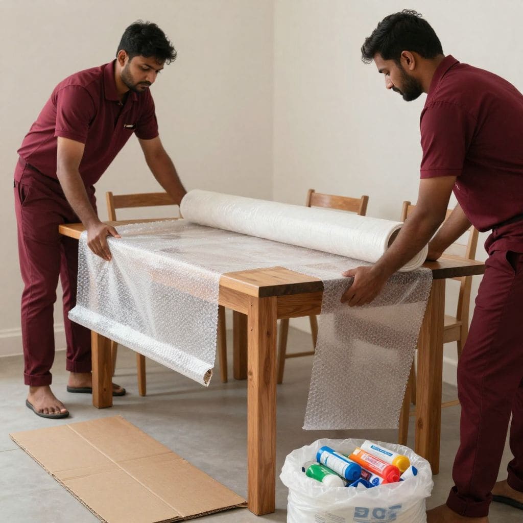 Professional Packers and Movers in Aligarh carefully packing a wooden dining table using bubble wrap for safe household relocation