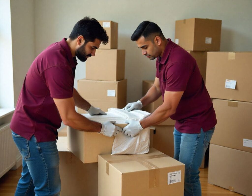 Professional movers packing household items carefully during home shifting in Patna with secure wrapping and organized moving boxes.