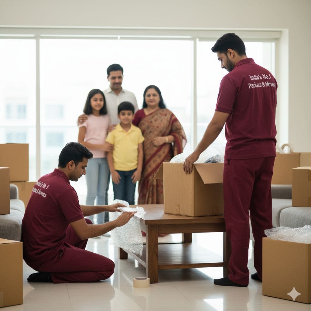 Professional IBA approved packers and movers in Noida carefully packing household items while a family watches during home relocation