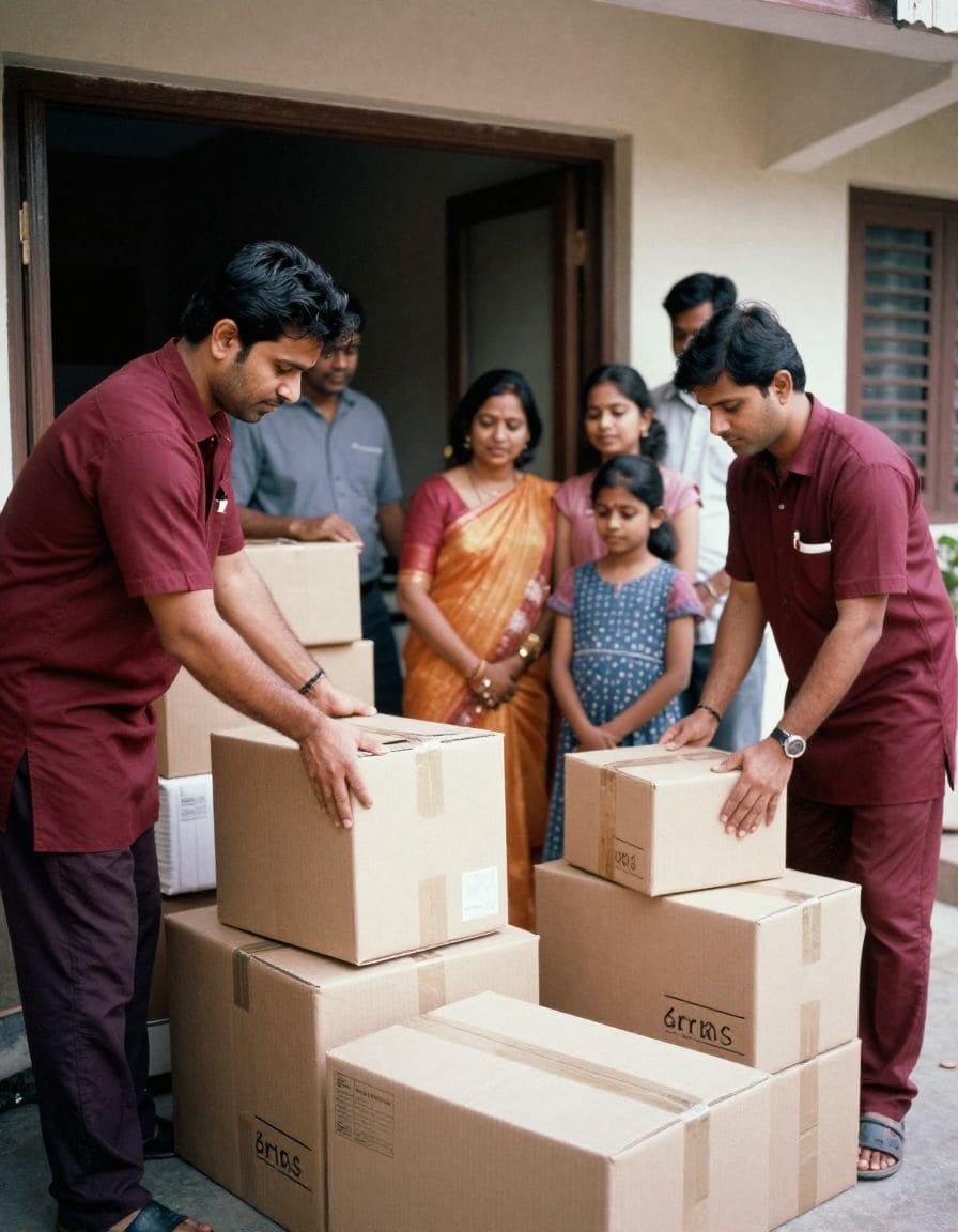 India NO.1 Packers and Movers in Sundarpada team carefully packing and loading household boxes while a family supervises the relocation process outside their home