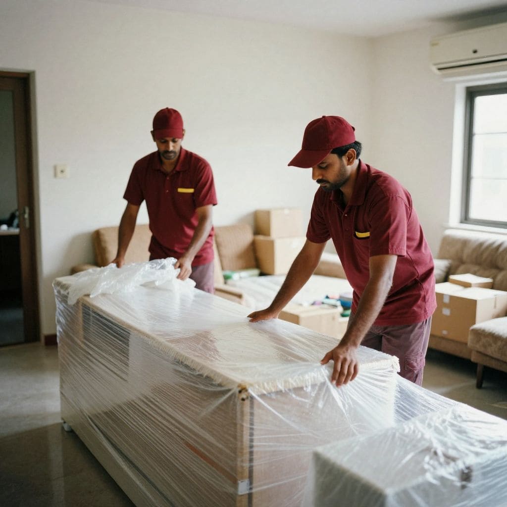 Packers and movers in Jamnagar team wrapping furniture with protective plastic during safe home shifting service