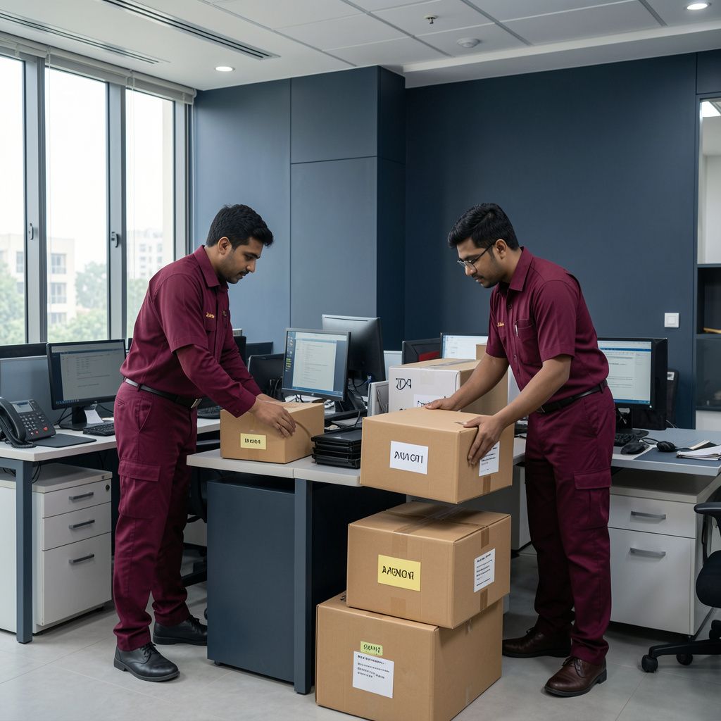 Professional team providing office relocation services in Patna, packing office furniture, computers, and labeled boxes in a modern workspace