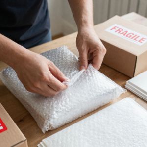 Packers and movers packing guide showing safe packing of fragile items with bubble wrap