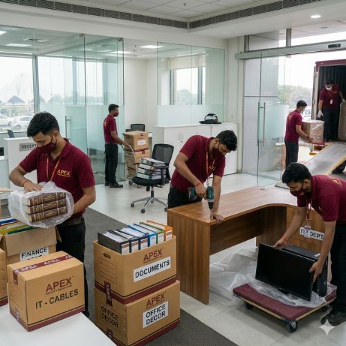 Workers moving office furniture and documents during office relocation services in Bhubaneswar
